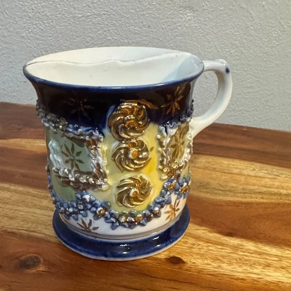 ANTIQUE GERMAN PORCELAIN SHAVING MUG | RAISED GOLD COBALT BLUE ACCENTS DECOR